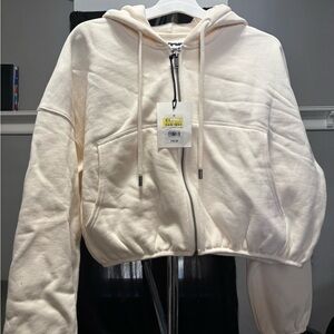 Cream Cropped Hoodie with Drawstrings